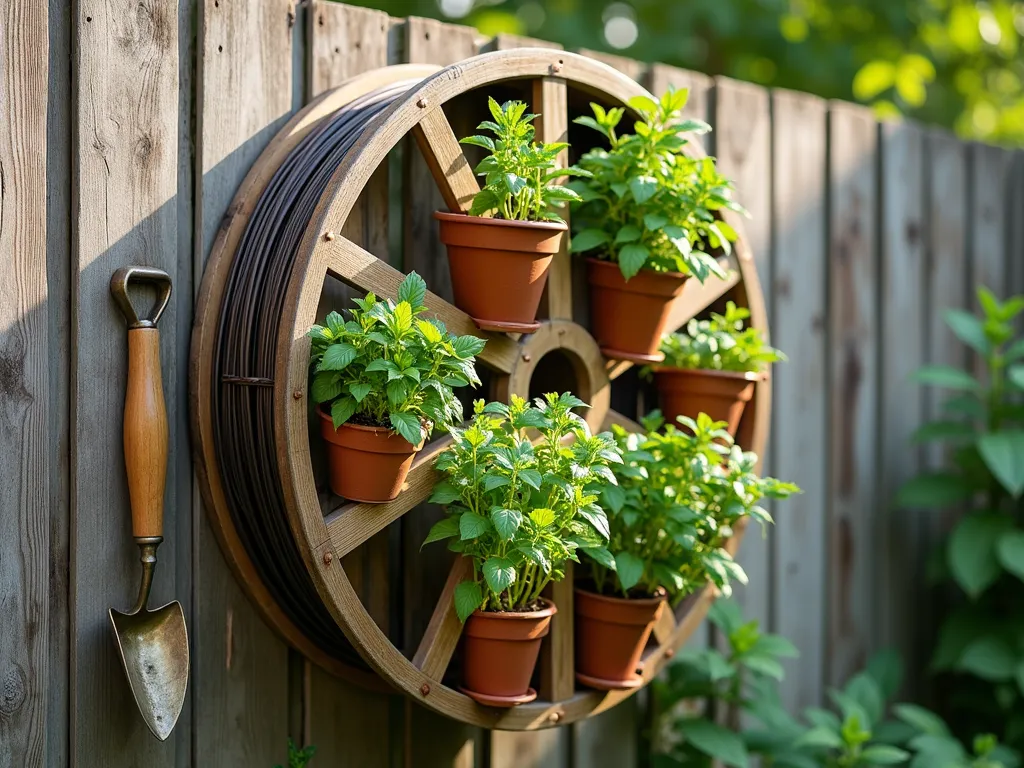 Vertical Herb Garden Cable Reel - A rustic wooden cable reel mounted vertically on a weathered garden fence, transformed into an elegant vertical herb garden. The reel's circular wooden structure features multiple levels of compartments created by its slats, each housing small terracotta pots with thriving herbs. Fresh basil, thyme, rosemary, and mint cascade from their sections, creating a living tapestry of greens. Soft natural sunlight filters through the herbs, casting gentle shadows on the fence. The wood has a warm, honey-toned finish, and some vintage-style garden tools hang decoratively beside it. The scene is captured in a straight-on view with subtle depth of field, highlighting the architectural beauty of the repurposed reel.