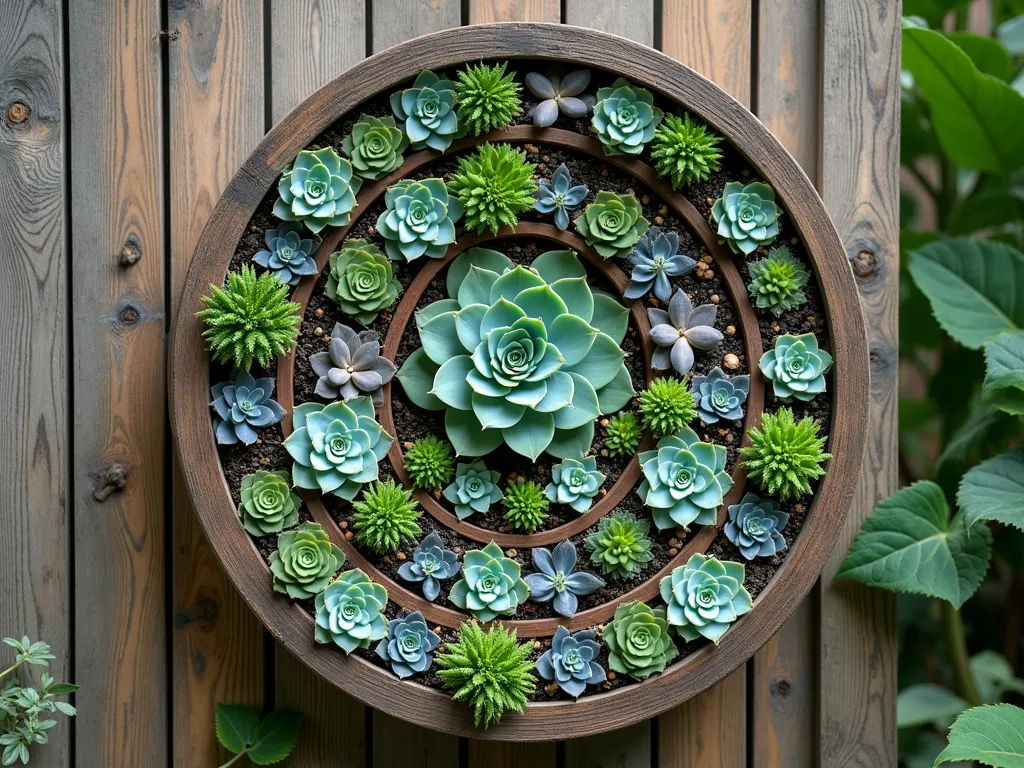 Vertical Succulent Cable Reel Mandala - A stunning vertical wooden cable reel mounted on a garden wall, transformed into a living succulent mandala. The large circular reel features concentric rings of diverse succulents in vibrant greens, blues, and purples, arranged in a mesmerizing spiral pattern. Echeveria, Sempervivum, and String of Pearls cascade naturally from soil pockets within the weathered wood structure. Soft natural lighting highlights the organic textures and patterns of both the rustic wood grain and the geometric arrangement of the succulents. Photographed straight-on to showcase the full mandala effect, with subtle depth of field, photorealistic, 4K quality.