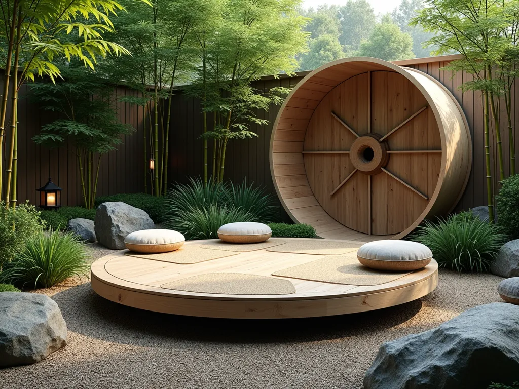 Zen Cable Reel Meditation Platform - A serene garden meditation space featuring a large wooden cable reel transformed into an elevated circular platform, surrounded by flowing ornamental grasses and Japanese maples. The platform is adorned with plush neutral-toned meditation cushions and natural woven tatami mats. Bamboo plants create a gentle backdrop, while stone lanterns provide ambient lighting. The platform sits within a peaceful rock garden with raked gravel patterns, cinematic lighting, soft morning mist, naturalistic composition, photorealistic style.