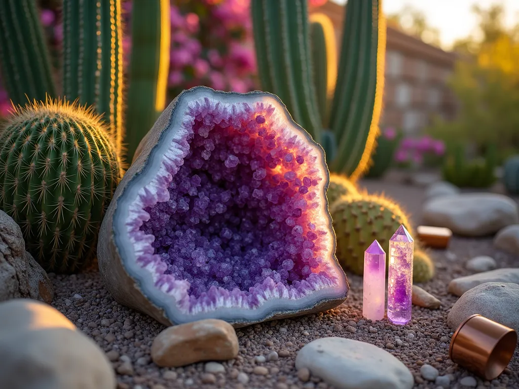 Crystal and Cactus Garden Harmony - A close-up DSLR photograph of a stunning outdoor garden display at golden hour, featuring a large amethyst geode cluster (2 feet tall) nestled among tall Saguaro and San Pedro cacti. The crystalline formation reflects warm sunlight, creating purple and golden refractions across the desert landscape. Smaller rose quartz and clear quartz points emerge from a bed of Mexican Fence Post cacti and Golden Barrel cacti. The cacti cast dramatic shadows across smooth river rocks and crushed granite substrate. Natural desert landscaping elements include weathered driftwood and strategically placed copper-toned landscape lighting. Shot with a wide-angle lens at f/8, capturing the intricate details of both crystal formations and cactus spines, while maintaining depth of field throughout the composition. The background shows a subtle bokeh effect of a natural stone wall covered in climbing Bougainvillea.