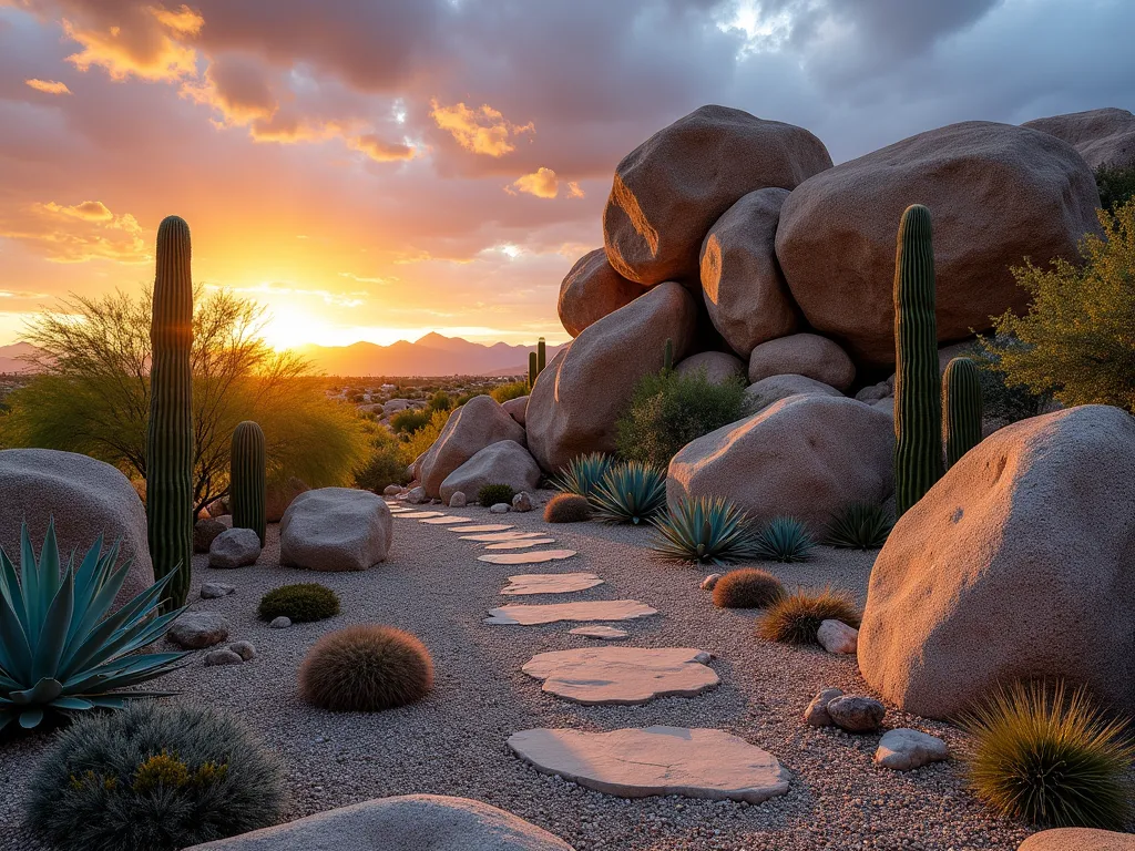 Desert Boulder Garden with Golden Barrel Cacti - A dramatic sunset view of a meticulously designed desert garden featuring massive weathered granite boulders naturally stacked to create a striking rock outcropping. Golden barrel cacti and towering blue agaves emerge from the rocky crevices, their silhouettes striking against the warm evening sky. Small desert pebbles and crushed stone create natural-looking pathways between the rock formations. The garden is set in a spacious backyard with distant mountains visible in the background. Soft golden hour lighting casts long shadows across the textured rocks, highlighting the spherical shapes of the barrel cacti and the architectural forms of the agaves. A natural stone pathway winds through the scene, creating an inviting desert oasis.