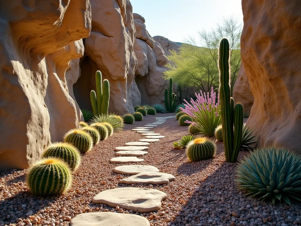 Desert Canyon Rock Garden - A dramatic backyard rock garden featuring towering natural limestone formations creating a miniature canyon, 8 feet tall, with weathered crevices hosting thriving barrel cacti, echeveria, and silver torch cacti. A winding dry riverbed of polished river rocks and pebbles in varying earth tones meanders between the canyon walls. Golden afternoon sunlight casts long shadows across the scene, photographed from a low angle perspective to emphasize the height of the canyon walls. Desert wildflowers add spots of purple and yellow color among the rocks. Captured with professional DSLR camera, f/8, ISO 100, natural lighting, wide-angle lens showing full garden composition with background bokeh of additional desert landscaping.