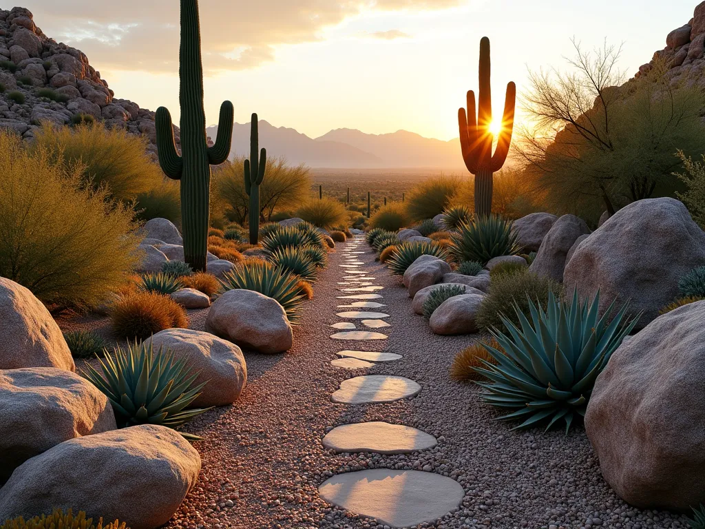 Desert Infinity Rock Garden at Sunset - A wide-angle perspective of a magnificent desert rock garden that creates a stunning infinity effect, photographed at golden hour. In the foreground, large weathered boulders and tall saguaro cacti anchor the scene, gradually transitioning to smaller desert rocks and diminishing sizes of barrel cacti, agave, and desert spoon plants. The carefully arranged elements create leading lines that draw the eye toward a distant mountain vista bathed in warm sunset light. Desert pebbles in varying earth tones form natural pathways through the garden, while strategic placement of golden barrel cacti and blue agave provides color contrast. Soft evening light casts long shadows across the textured landscape, enhancing the sense of depth and perspective. The garden seamlessly blends into the natural desert horizon, creating a breathtaking illusion of endless desert expanse.