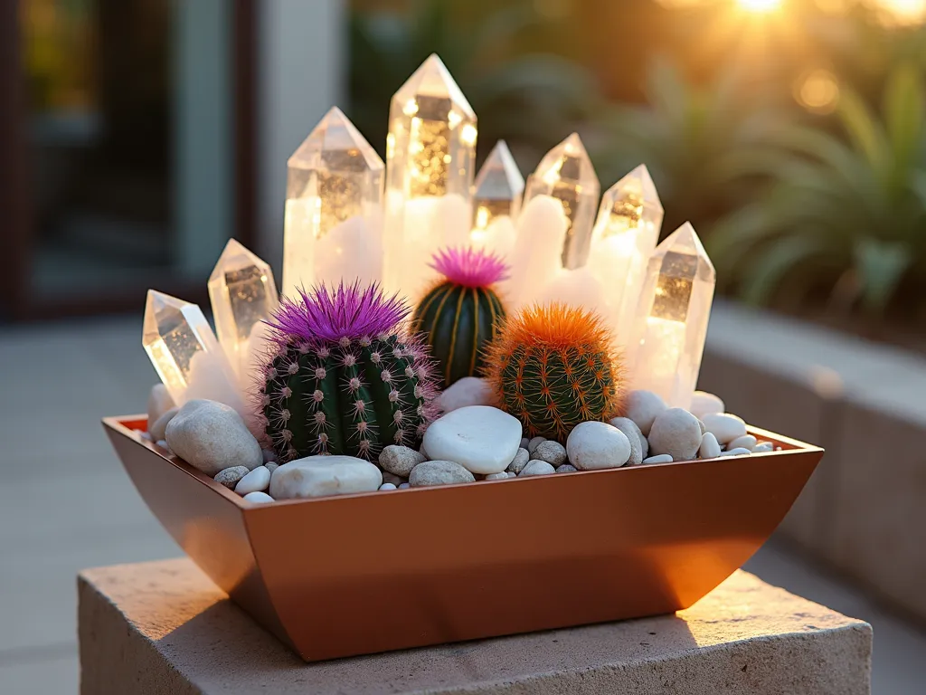 Elegant Desert Jewel Box Garden Display - A stunning close-up shot of an artfully arranged miniature desert garden display at golden hour. Featured are rare, jewel-toned cacti specimens including a vibrant purple Gymnocalycium mihanovichii, orange-spined Parodia auriespina, and pink-flowering Mammillaria bocasana, nestled among large, clear quartz crystal clusters and polished desert rose stones. The cacti are planted in a shallow, rectangular copper-toned container with a modern geometric design, positioned on a natural stone pedestal. Soft, warm sunlight filters through the crystal clusters, creating prismatic reflections that dance across the carefully arranged succulents. The background shows a blurred patio setting with desert landscaping, while the foreground emphasizes the intricate details of the crystal and cacti arrangement. Shot with shallow depth of field to highlight the dimensional textures and colors.