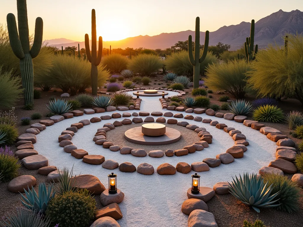 Serene Desert Meditation Circle at Sunset - A tranquil wide-angle shot of a circular desert garden at golden hour, featuring concentric rings of multicolored desert stones - soft white, warm terracotta, and deep charcoal. Majestic saguaro cacti, barrel cacti, and blue agaves are strategically placed along the circles, creating natural rhythm. In the center, a natural stone meditation bench sits on a flat circular platform, surrounded by fine white gravel. Small copper lanterns line the pathways between rings, their warm glow mixing with the sunset. Desert mountains fade into the background, while golden light casts long shadows from the cacti across the stone circles. The garden's precise geometric pattern creates a mesmerizing mandala effect when viewed from above, with native desert wildflowers adding subtle touches of purple and yellow between rocks.