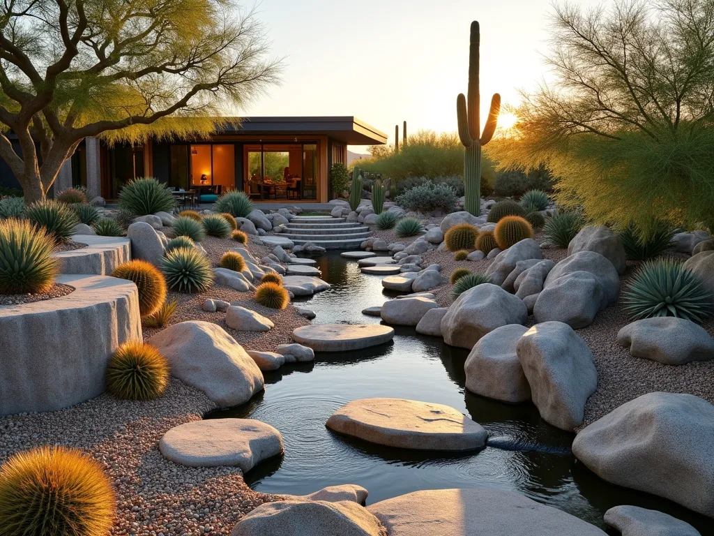 Desert Rain Garden with Natural Water Channels - A stunning wide-angle view of a modern desert rain garden at golden hour, featuring artistically arranged granite rocks forming natural water channels that wind through the landscape. Multiple barrel cacti and tall saguaros emerge from elevated rock beds, while smaller succulents cascade down strategically placed boulders. The garden's clever design includes shallow stone basins that collect rainwater, with desert pebbles creating a natural flow pattern. Smooth river rocks in varying sizes create a dry riverbed effect, leading to a central collection pool surrounded by blue agave and golden barrel cacti. The scene is backlit by warm sunset light, casting long shadows and highlighting the textural contrast between the smooth rocks and spiny cacti. In the background, a modern house with large windows complements the desert landscaping.