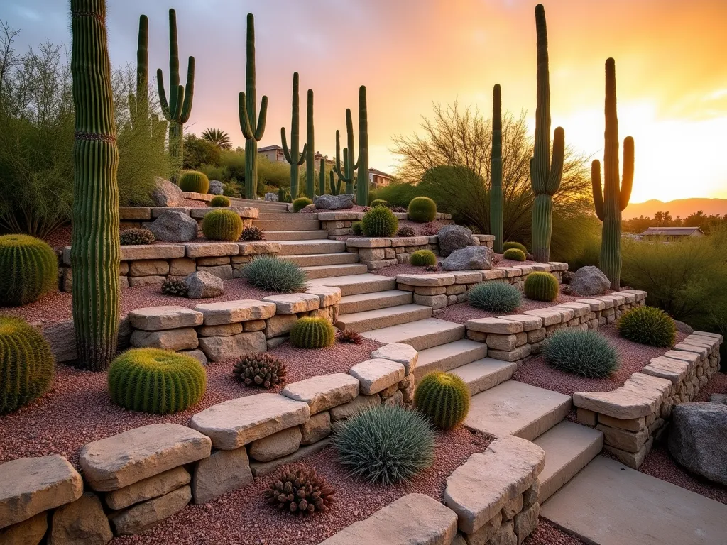 Desert Sunrise Terraced Cactus Garden - A stunning terraced rock garden photographed during golden hour, featuring weathered limestone blocks creating three dramatic levels against a warm dawn sky. Majestic saguaro cacti stand tall on the upper terrace, while golden barrel cacti cluster in groups on the middle level. The lower terrace showcases cascading ice plants and desert sedum spilling over the edges. Rose-colored decomposed granite creates warm pathways between plantings, catching the early morning light. Natural desert boulders accent the corners, while the entire garden is backdropped by a soft-focus residential landscape. The composition is captured from a lower angle to emphasize the height and grandeur of the terraced design, with morning sun casting long shadows and highlighting the textural details of the cacti and stone work. Shot with atmospheric depth and professional lighting that emphasizes the desert sunrise aesthetics.