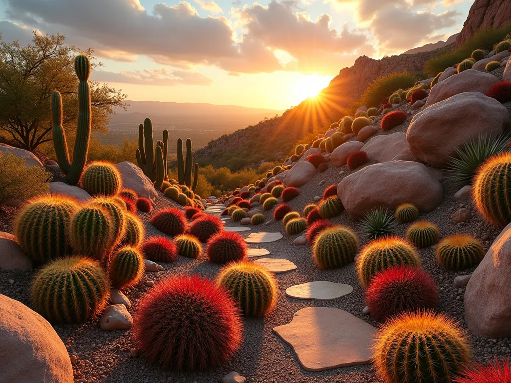 Desert Sunset Rock Garden Oasis - A stunning sloped garden at golden hour, photographed with a wide-angle lens capturing the dramatic interplay of sunset light on terraced rocks in vibrant reds, oranges, and yellows. Golden barrel cacti (Echinocactus grusonii) are prominently featured among red-spined Ferocactus, arranged naturally between smooth desert rocks. The rocks form elegant curves following the slope's contours, creating a naturalistic southwestern desert landscape. Soft sunset light casts long shadows across the garden, highlighting the cacti's spines and the rocks' warm tones. Professional DSLR photo with perfect exposure, f/8 aperture, showing rich detail and depth, photographic quality, 4K resolution.