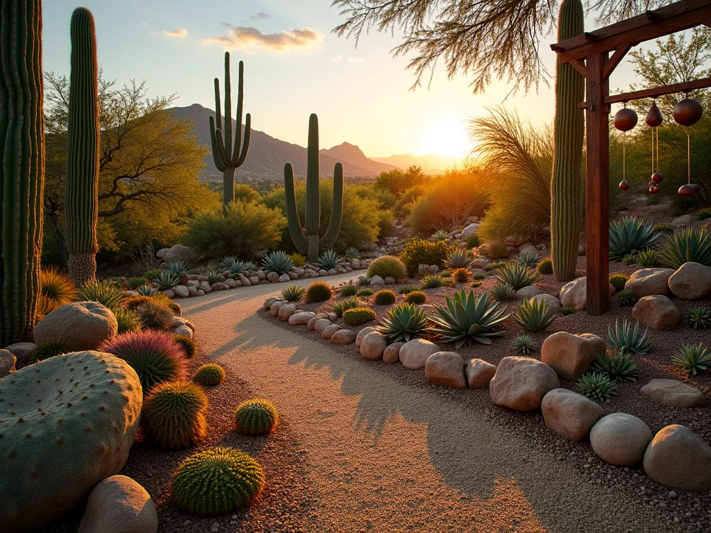 Desert Symphony Cactus Garden at Dusk - A stunning wide-angle DSLR photograph of a terraced desert garden at dusk, featuring a rhythmic arrangement of cacti and succulents at varying heights, creating a musical wave pattern. Tall saguaro cacti serve as dramatic high notes, while barrel cacti and smaller echeverias form the middle ranges, and spreading low-growing mammillaria create the base notes. Natural stone formations in warm desert hues are artfully placed between plantings, with crushed golden gravel pathways flowing like a musical staff. Copper wind chimes hang from a weathered wooden arch, catching the last rays of sunset. The garden is backlit by the warm orange glow of dusk, casting long dramatic shadows across the terraced landscape. Shot at f/8 with a wide-angle lens, capturing the full compositional harmony while maintaining sharp detail throughout.