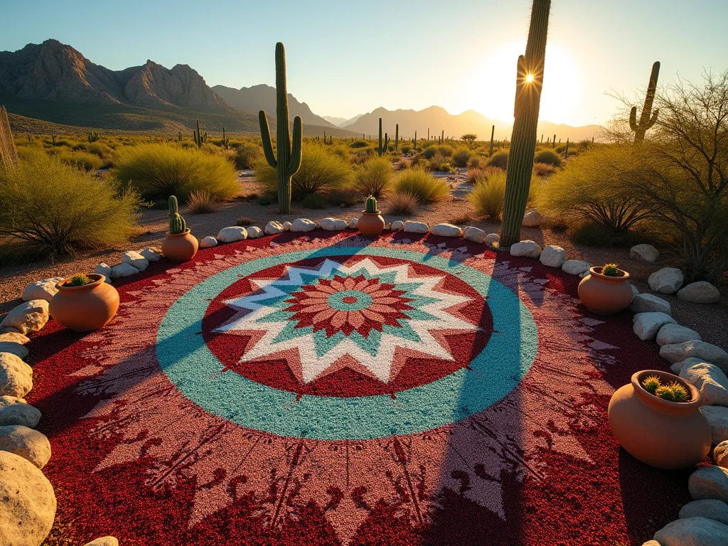 Desert Tribal Rock Garden Pattern - A late afternoon wide-angle shot of a mesmerizing rock garden featuring an intricate Southwestern tribal geometric pattern created with red, white, and turquoise colored gravel. Golden barrel cacti and tall saguaros strategically placed at pattern intersections cast long shadows across the design. Terra cotta pots with small succulents line the pattern's edge, while desert mountains fade into a warm sunset backdrop. Shot with a digital camera, 16-35mm lens, f/2.8, ISO 400, capturing the rich textures and dramatic lighting of the desert landscape.