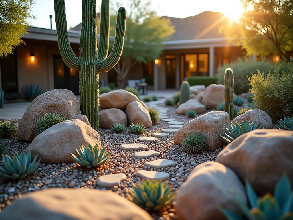 Desert Zen Living Sculpture - A stunning wide-angle DSLR photograph of an artistic desert rock garden at golden hour, featuring a mesmerizing arrangement of sculptural cacti and carefully placed weathered rocks. The centerpiece shows a majestic Saguaro cactus rising dramatically among smaller barrel cacti and blue agaves, surrounded by strategically positioned granite and sandstone boulders of varying sizes. The composition creates natural levels and flowing curves, with some rocks partially buried to appear organic. Desert pebbles in warm earth tones create artistic swirling patterns between plants. Low-growing echeveria rosettes add texture at ground level, while golden sunlight casts long shadows, highlighting the dramatic silhouettes and creating a sense of depth. Small accent lights illuminate key features. Shot at f/8 with natural lighting to capture rich detail and texture in both the cacti and rock formations. The background shows a blurred modern patio space, placing this living art piece in a residential context.