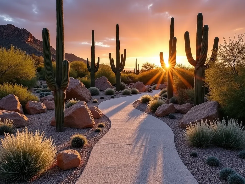 Dramatic Desert Sunset Garden - A stunning wide-angle DSLR photograph of a desert-style rock garden at golden hour, featuring majestic Saguaro and Mexican Fence Post cacti casting long, dramatic shadows across a pale decomposed granite pathway. The garden showcases strategically placed bronze-colored boulders and white limestone rocks arranged in flowing curves. The foreground features low-growing white flowering ice plant and silver-gray artemisia as ground cover, creating a striking contrast against the warm sunset light. The cacti silhouettes stand tall against a gradient sky of deep orange to purple, with their shadows creating abstract patterns across the textured ground. Professional photography with perfect exposure, f/8 aperture, capturing the rich colors and sharp details of the desert landscape design.