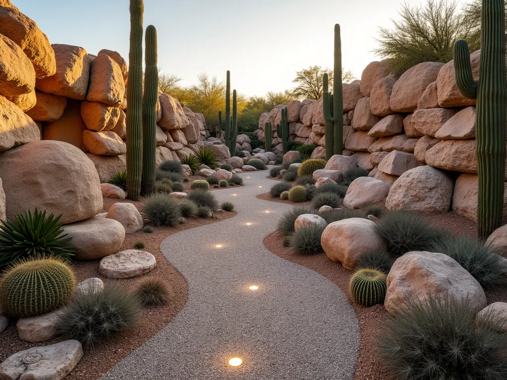 Educational Desert Fossil Garden Display - Professional DSLR wide-angle photograph of a meticulously designed desert fossil garden at golden hour. Ancient ammonite and trilobite fossils nestle naturally among weathered limestone formations, surrounded by sculptural barrel cacti, elegant saguaros, and low-growing mammillaria clusters. A winding decomposed granite pathway leads viewers through the educational display, with carefully placed accent lighting highlighting the prehistoric specimens. The garden features varying levels created by stacked sedimentary rocks, creating a natural amphitheater effect. A patina-finished interpretive plaque blends seamlessly into the landscape. Shot at f/8 with warm sunset light casting long shadows across the textured rocks, emphasizing the dramatic juxtaposition of ancient fossils and living desert flora.