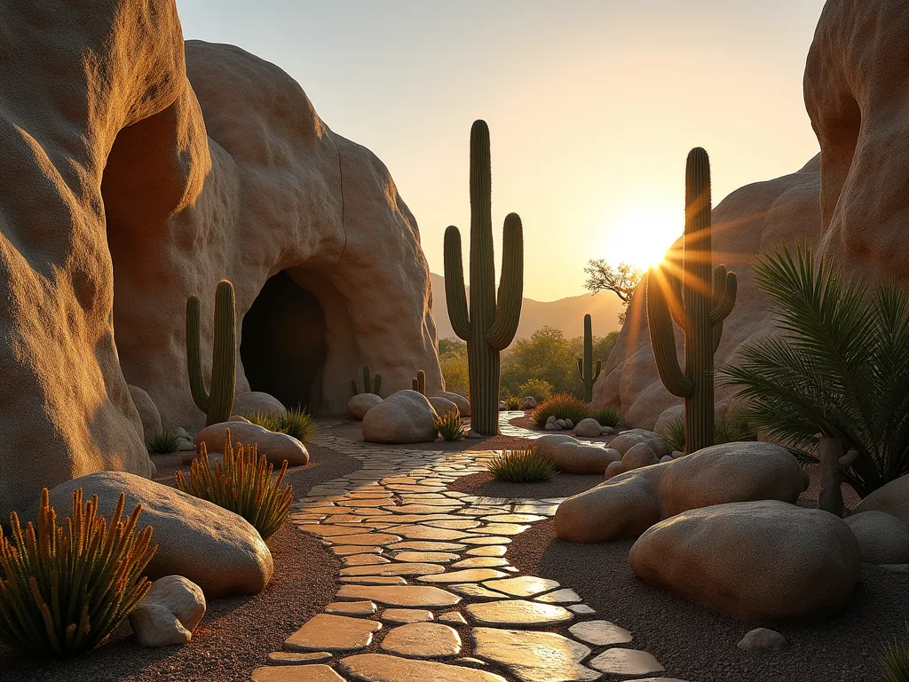 Jurassic Cactus Garden at Dawn - A dramatic wide-angle shot of a prehistoric-themed garden at dawn, with golden sunlight casting long shadows across massive, weathered limestone boulders. Towering Saguaro cacti and ancient Cycads emerge from between the rocks, creating primordial silhouettes against the warm morning sky. Fossilized ammonites and trilobites are embedded in smaller rocks scattered throughout. Giant Barrel cacti and primitive Zamia plants cluster around the base of the boulders, while a natural stone pathway winds through the scene. Captured with a digital camera, 16-35mm lens at f/2.8, ISO 400, emphasizing the textural details of the rocks and the prehistoric atmosphere of the garden design.