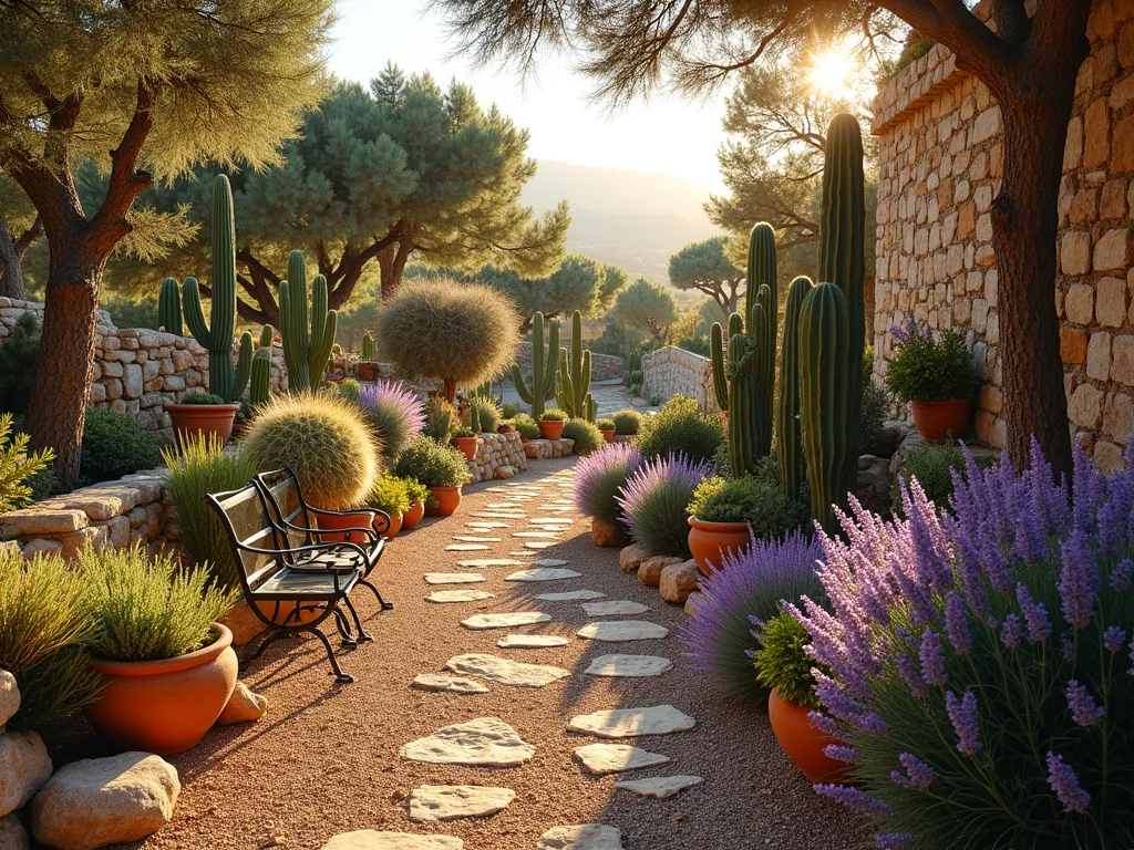 Mediterranean Cactus Garden with Lavender - A golden-hour wide-angle shot of a terraced Mediterranean cactus garden featuring weathered stone walls and terra cotta pots. Various barrel cacti and prickly pear intermingle with blooming lavender and fragrant rosemary bushes. A rustic gravel pathway winds through the garden, bordered by natural rock formations. Warm sunlight casts long shadows across the textured landscape, highlighting the contrast between the soft purple lavender blooms and the sculptural cacti forms. Ancient olive trees frame the background, while ornate iron garden furniture adds authenticity. Shot with DSLR camera, f/8, ISO 100, 1/125s, capturing the rich textures and Mediterranean atmosphere.