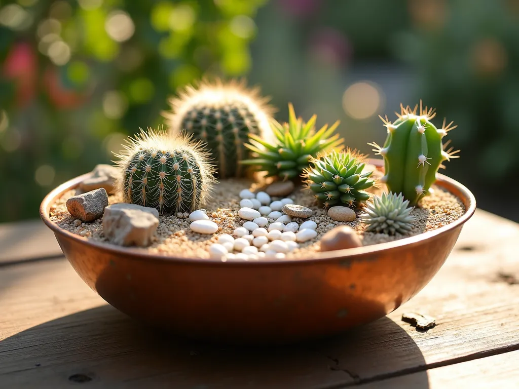 Enchanting Miniature Desert Garden - Close-up shot of an artfully arranged miniature desert garden in a weathered copper bowl, featuring tiny Mammillaria cactus, Echeveria, and dwarf barrel cactus nestled among rust-colored and white desert rocks. Small decorative elements include miniature weathered wood and naturally eroded stones creating depth. Golden afternoon sunlight casts long shadows across the arrangement, highlighting the delicate spines of the cacti. Natural desert sand and crushed quartz create pathways through the composition, with small air plants adding touches of sage green. The container sits on a rustic wooden outdoor table on a peaceful garden patio, with soft bokeh effect in the background showing larger garden elements.