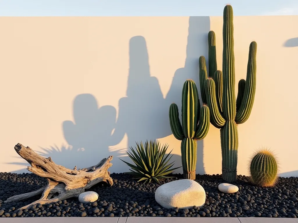 Minimalist Zen Cactus Corner at Dusk - A serene minimalist garden corner at dusk, photographed with a wide-angle lens capturing three architectural cacti of varying heights (Saguaro, Barrel, and Organ Pipe) emerging from a pristine bed of polished black river rocks. The cacti cast long, dramatic shadows across the stone surface as the setting sun bathes them in warm golden light. A weathered piece of desert driftwood rests diagonally in the foreground, its silvery patina contrasting with the dark stones. Several carefully curated smooth rocks in varying sizes are artfully placed to create visual flow. The composition is backed by a simple white stucco wall, creating a striking modernist backdrop that emphasizes the sculptural forms of the cacti. Shot with shallow depth of field to highlight the textural details of the cacti spines and rock surfaces while maintaining the zen-like simplicity of the scene.