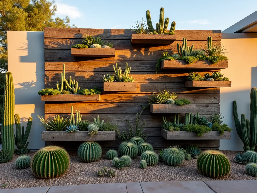 Modern Desert Living Wall at Sunset - A stunning vertical desert garden photographed at golden hour, featuring a contemporary multi-tiered living wall made of weathered timber and natural stone. The wall creates dramatic levels filled with various cacti and succulents in different sizes and shapes. Barrel cacti, echeveria rosettes, and trailing string of pearls cascade down the structure. Warm sunset light casts long shadows across the textured surface, while uplighting highlights key architectural plants. The installation is positioned against a modern house wall, creating an artistic privacy screen with a desert landscape aesthetic. Wide-angle perspective captures the full height and architectural impact of the installation.