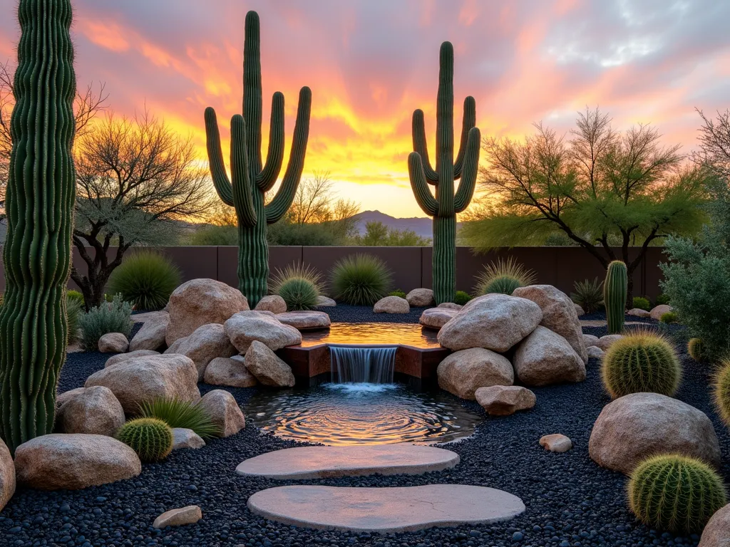 Modern Desert Oasis with Towering Saguaros - A stunning DSLR wide-angle shot of a modern desert oasis garden feature at golden hour, featuring a dramatic cluster of majestic Saguaro cacti and tall Mexican Fence Post cacti rising 15 feet high against a warm sunset sky. The cacti emerge from a pristine sea of polished black Mexican beach pebbles that create elegant contrast. A contemporary natural stone water feature with gentle cascades provides a focal point, its weathered surface catching the late day light. Organ Pipe cacti and Golden Barrel cacti accent the base, while strategically placed landscape lighting casts dramatic shadows across the rock garden. Shot at f/8 with natural lighting capturing the interplay of light and shadow across the textured surfaces, ISO 100 for crisp detail in the cacti spines and rock surfaces.