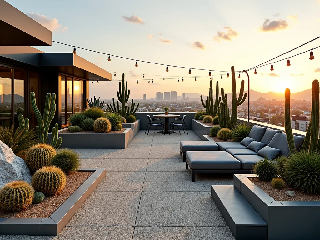 Modern Urban Rooftop Desert Oasis - A stunning wide-angle shot of a contemporary rooftop garden at golden hour, featuring a minimalist arrangement of sculptural cacti and succulents in sleek metallic and concrete containers. The space includes geometric artificial rock formations in light gray and sand tones, perfectly complementing the industrial steel planters. Low-profile gravel pathways in desert hues weave between scattered barrel cacti, towering saguaros, and clustering golden barrel cacti. Modern lounge furniture in charcoal gray provides contrast, while string lights overhead create ambient lighting. The urban skyline serves as a dramatic backdrop, with the setting sun casting long shadows across the innovative desert landscape design. Shot with a DSLR camera, wide-angle lens at f/8, ISO 100, 1/125 sec, capturing the interplay of natural light on the various textures and surfaces.