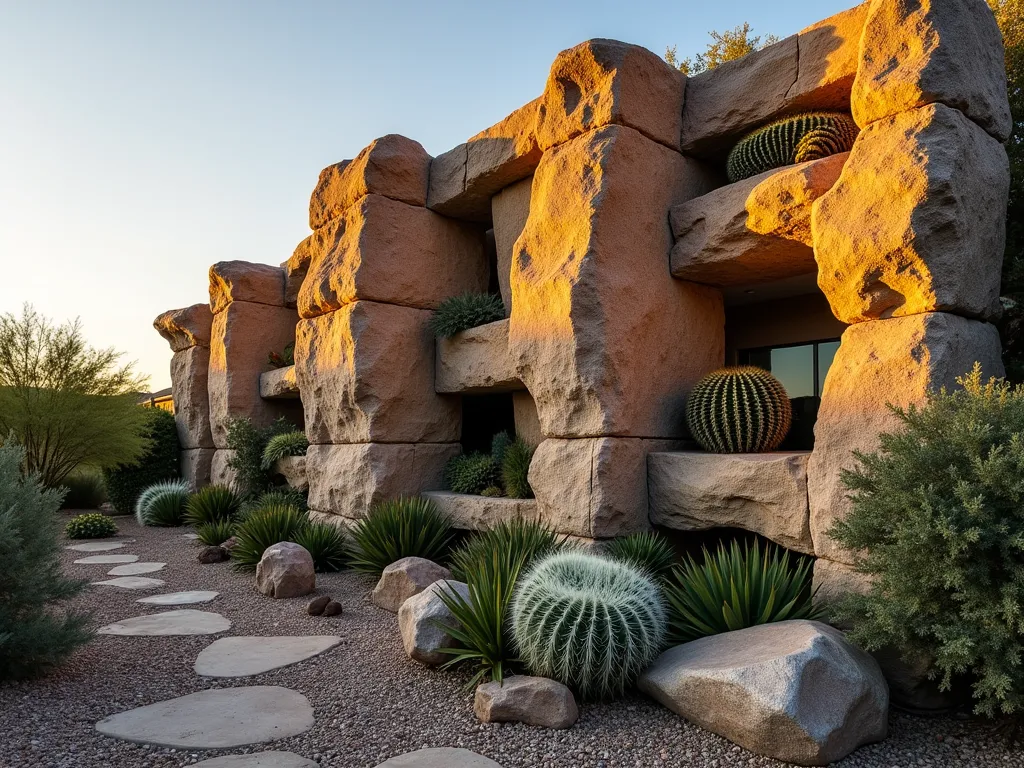 Modern Vertical Cactus Rock Wall at Sunset - A stunning wide-angle photograph of a contemporary vertical rock wall garden at sunset, featuring naturally stacked limestone and granite rocks creating multiple planting pockets. Dramatic trailing cacti and succulents cascade down the 8-foot tall structure, including String of Pearls and Rat Tail Cactus. Golden hour sunlight casts long shadows across the textured stone surface, highlighting the various depths and crevices. Desert landscaping elements frame the base, with decorative gravel and statement boulder features. Shot with shallow depth of field emphasizing the interplay between rough stone textures and soft plant forms. 16-35mm lens, f/2.8, ISO 400