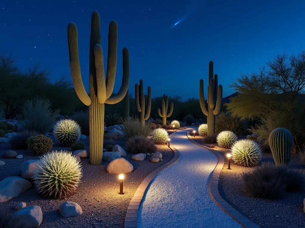 Moon Valley Night Garden - A mesmerizing nighttime desert garden photographed with a 16-35mm lens at f/2.8, ISO 400. White-spined barrel cacti and luminous moon cacti create ethereal silhouettes against a deep blue twilight sky. Pale limestone rocks and crushed white quartz pebbles reflect strategic uplighting, casting dramatic shadows. Glowing white Echinopsis flowers bloom in the foreground, while strategically placed copper path lights illuminate a winding garden path. The composition captures both the intimate details of the cacti spines and the overall otherworldly atmosphere of the moonlit garden landscape, with the Milky Way visible in the background.