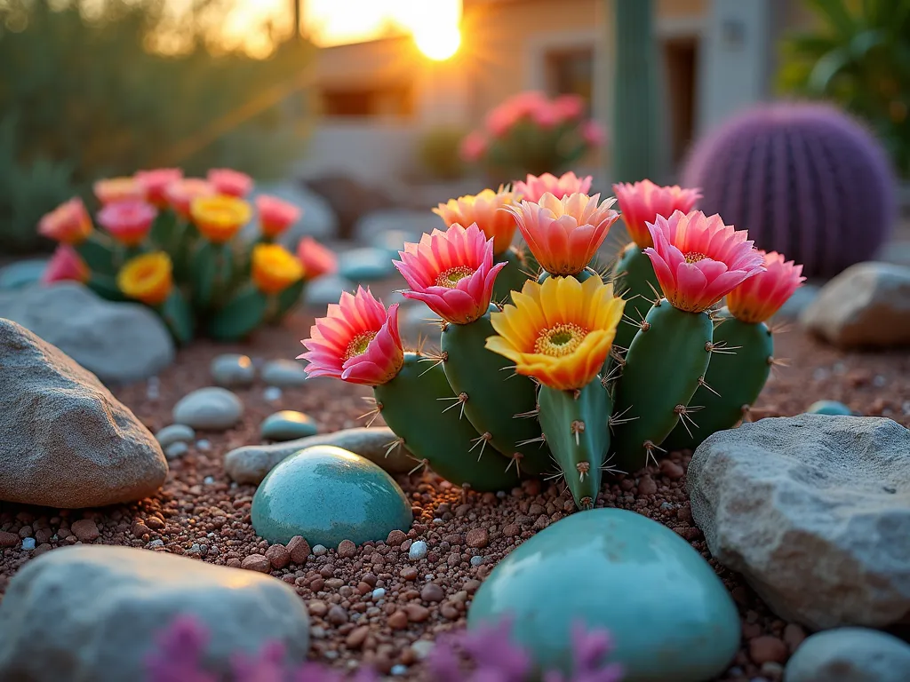 Vibrant Desert Oasis at Sunset - A stunning close-up shot of a southwestern rock garden at golden hour, featuring rainbow prickly pear cacti with vibrant pink and yellow blooms against a backdrop of purple torch cacti. Large, polished turquoise stones and copper-colored quartzite rocks create dramatic color contrasts. The garden is artfully arranged in elevated tiers, with crushed desert glass and mineral fragments catching the warm sunset light. Shot with shallow depth of field highlighting the cacti's vivid flowers while maintaining the rich textural details of the rocks. Professional photograph taken with a digital camera, 16-35mm lens at f/2.8, ISO 400, capturing the magical interplay of natural desert colors and carefully curated mineral specimens in a residential backyard setting.