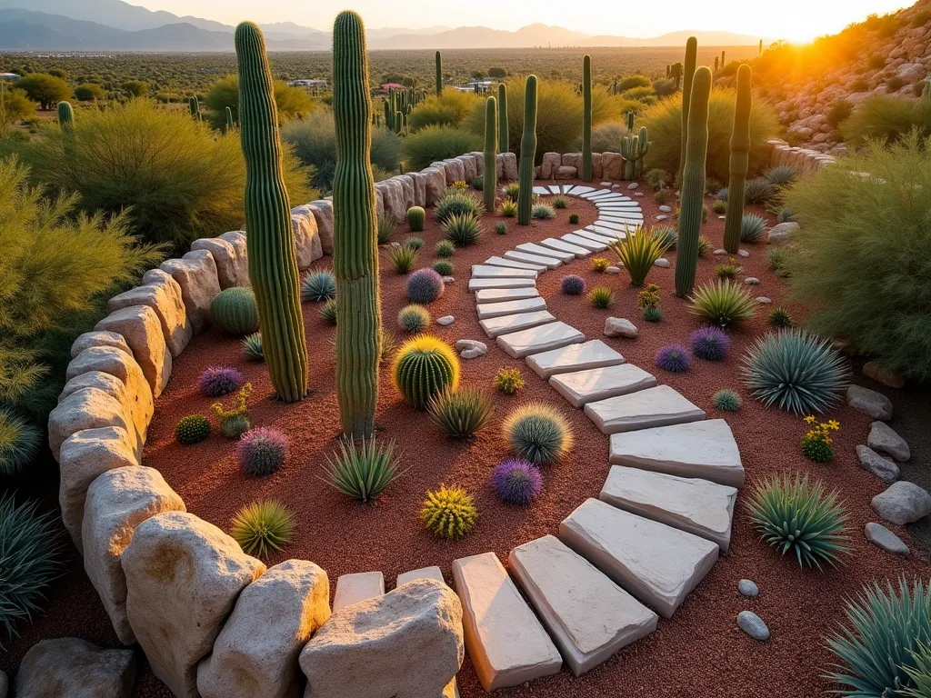 Mystical Spiral Cactus Rock Garden - A stunning aerial view of a spiral cactus garden path during golden hour, photographed with a DSLR wide-angle lens. The intricate spiral pathway is crafted from smooth desert rocks in graduated sizes, starting with large boulder-sized stones at the center that gradually decrease in size towards the outer edges. Tall Saguaro and Organ Pipe cacti dominate the center, surrounded by medium-sized Golden Barrel and San Pedro cacti, transitioning to smaller Echeveria and Mammillaria specimens along the expanding spiral. The pathway is lined with crushed desert gravel in warm terracotta tones, while accent rocks in various earth tones create visual interest. Desert wildflowers add pops of purple and yellow color throughout. Natural desert landscaping frames the spiral design, with distant mountains visible in the background. The low-angle sunlight casts long shadows, highlighting the dramatic textures of the cacti and rocks.