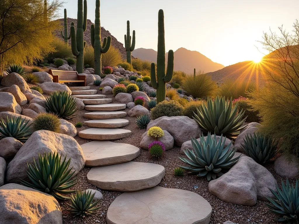 Multi-Level Desert Rock Garden Terrace - A stunning terraced desert garden at sunset, featuring natural stone platforms cascading down three levels. Each level showcases diverse cacti species including tall Saguaro, rounded Golden Barrel, and clusters of blue Agave. Rustic limestone steps wind through the levels, while small boulders and desert pebbles create natural borders. The warm evening light casts long shadows across the textured stone surfaces, highlighting the architectural silhouettes of the cacti. Desert wildflowers add pops of purple and yellow among the rocks. A cozy viewing area with a wooden bench sits at the top level, offering a panoramic perspective of the entire stepped garden. Shot from a three-quarter elevated angle to capture the full terraced design.