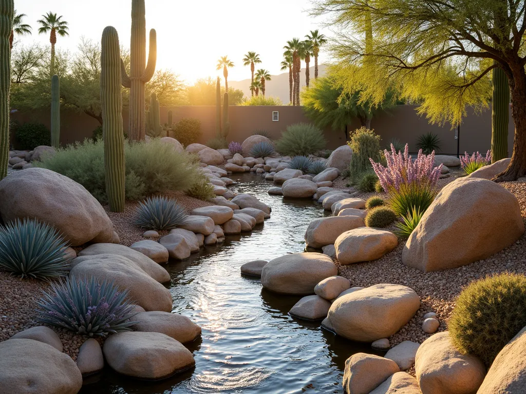 Tranquil Desert Stream Rock Garden - A stunning backyard desert landscape featuring a winding dry creek bed at golden hour. Smooth river rocks in varying shades of tan and grey cascade naturally through the space, bordered by majestic Saguaro cacti, barrel cacti, and golden barrel cacti. Large weathered desert boulders create dramatic focal points, while clusters of blue agave and Mexican feather grass add textural contrast. Low-growing ice plant succulents with purple blooms spill over the creek bed edges, creating a soft transition. The scene is captured from a low wide angle, with warm sunlight casting long shadows across the rockscape, highlighting the natural contours of the dry stream bed. In the background, ornamental desert trees provide height and structure to the composition.