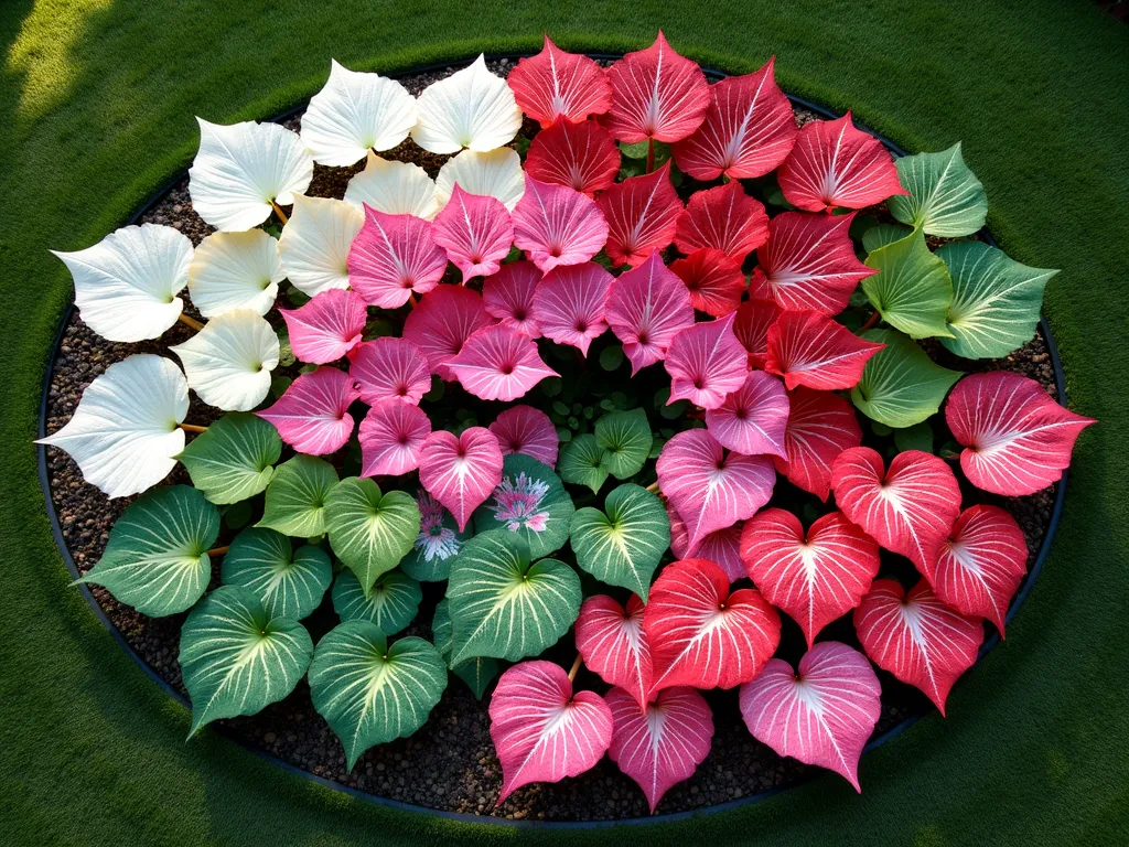 Artist's Palette Caladium Garden - A stunning overhead view of an oval-shaped garden bed designed like an artist's palette, featuring a mesmerizing array of caladium plants arranged in a swirling pattern. The garden includes white splash, pink galaxy, red flash, and emerald frost caladium varieties creating a vibrant color gradient. The leaves overlap naturally, mimicking paint strokes on a palette, with morning dew glistening on the foliage. Soft natural lighting enhances the rich textures and patterns of the caladium leaves, photographed in a professional garden setting with a subtle blurred background of green landscaping, 4k resolution, photorealistic