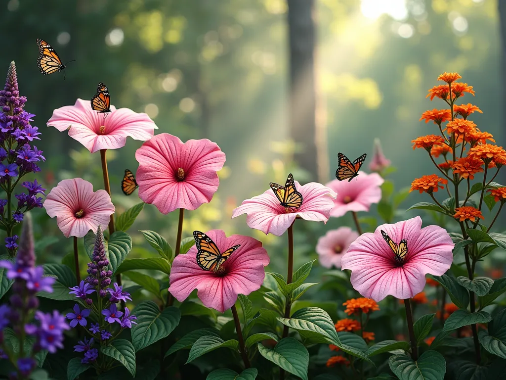 Caladium Butterfly Haven - A lush garden scene featuring pink and white caladium plants with their large heart-shaped leaves creating a dramatic backdrop, complemented by purple butterfly bush and orange lantana in the foreground. Several monarch and swallowtail butterflies rest gracefully on the caladium leaves while others hover near the flowering plants. Dappled sunlight filters through the foliage, creating a dreamy, ethereal atmosphere. The composition shows varying heights and depths, with the tall caladiums providing a natural sanctuary for the delicate butterflies.