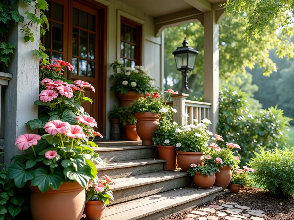 Elegant Caladium Porch Steps Display - A charming covered porch with rustic wooden steps featuring an artfully arranged collection of ornate terracotta and ceramic pots containing caladiums. The pots vary in size from large to small, showcasing different caladium varieties including pink, white, and red-veined leaves. The plants cascade down the steps creating a lush, layered effect. Soft, filtered sunlight streams through the porch creating gentle shadows and highlighting the vibrant foliage. The scene is styled with vintage-inspired planters and includes both tall statement caladiums and shorter varieties, creating a harmonious vertical garden display.