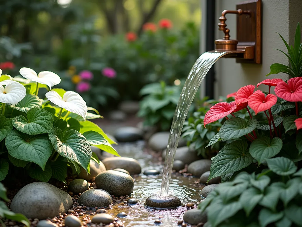 Elegant Caladium Rain Chain Garden - A serene garden vignette featuring a copper rain chain cascading from the roof, surrounded by lush caladium 'White Queen' and 'Red Flash' with their large, heart-shaped leaves catching water droplets. The plants are artistically arranged around a decorative bed of polished river rocks and small granite cobbles. Soft, diffused natural lighting creates a peaceful atmosphere, with water gently flowing down the chain. Photorealistic, high detail, garden photography style.