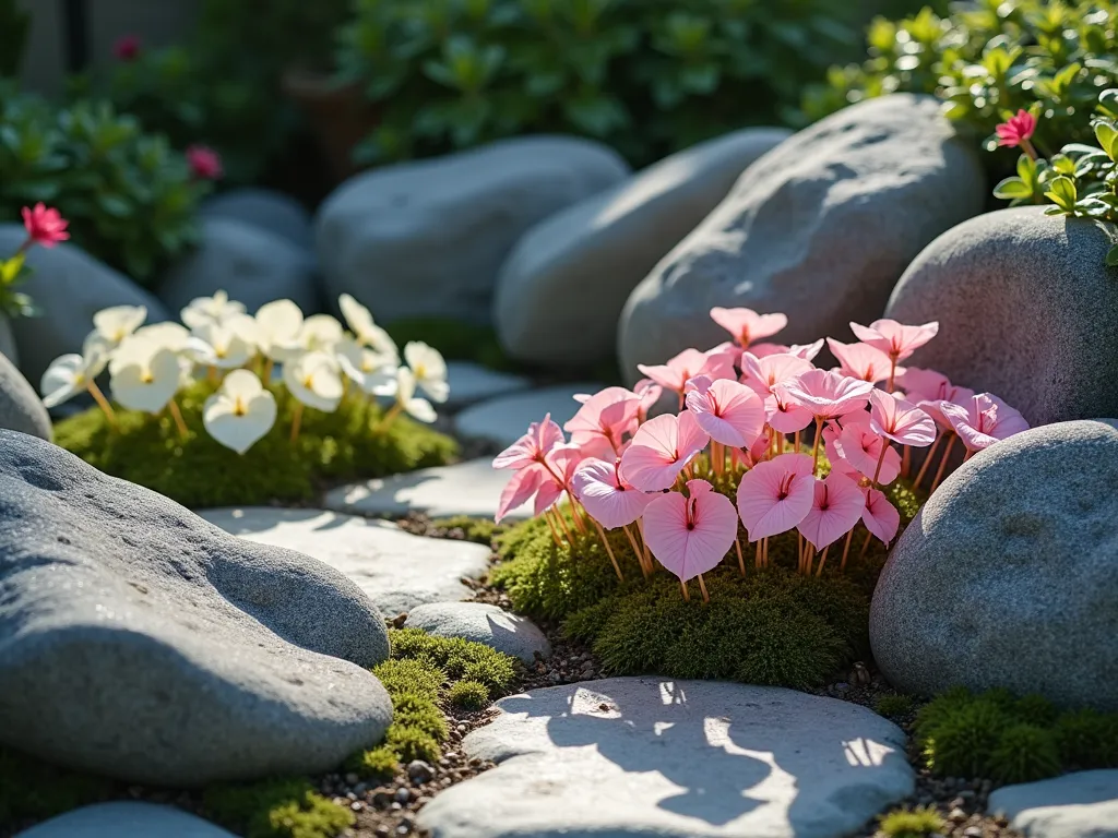 Caladium Rock Garden Harmony - A serene Japanese-inspired rock garden featuring pink and white dwarf caladiums nestled between smooth gray and charcoal stones. The caladiums' heart-shaped leaves create soft, organic contrast against the angular rocks, with small patches of moss adding texture. Photographed in soft morning light, creating gentle shadows and highlighting the luminescent quality of the caladium foliage. Architectural composition with varying rock sizes creates depth and visual interest, while the compact caladiums provide elegant splashes of color throughout the scene.