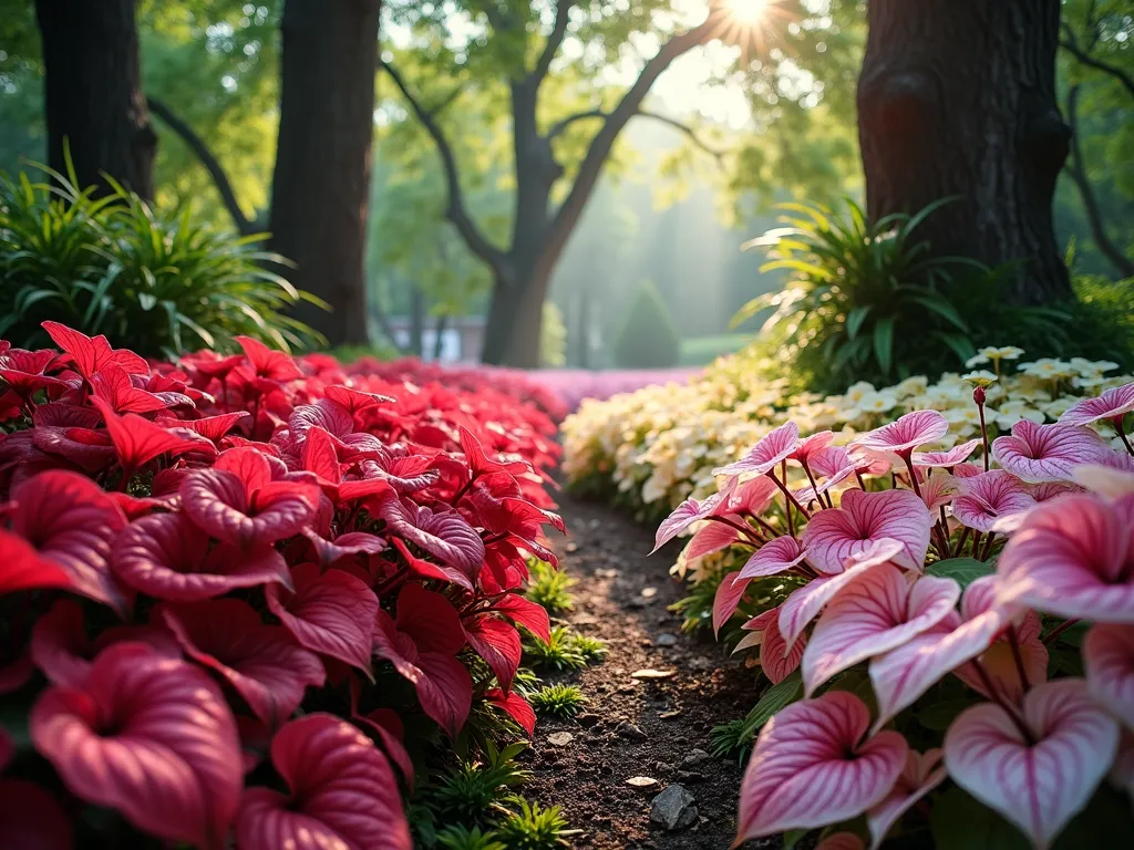 Caladium Shade Garden Symphony - A lush, artistic garden scene in dappled shade beneath tall trees, featuring a stunning mass planting of caladiums in vibrant colors. Large heart-shaped leaves in deep red, bright pink, and crisp white create a tapestry-like effect on the forest floor. Sunlight filtering through the canopy creates subtle spotlights on the caladium leaves, highlighting their dramatic veining and color variations. The composition shows multiple layers of caladiums arranged in natural-looking drifts, with taller varieties in the background and shorter ones in front, creating a professional landscaping aesthetic. Photorealistic detail, soft natural lighting, high-end garden photography style.