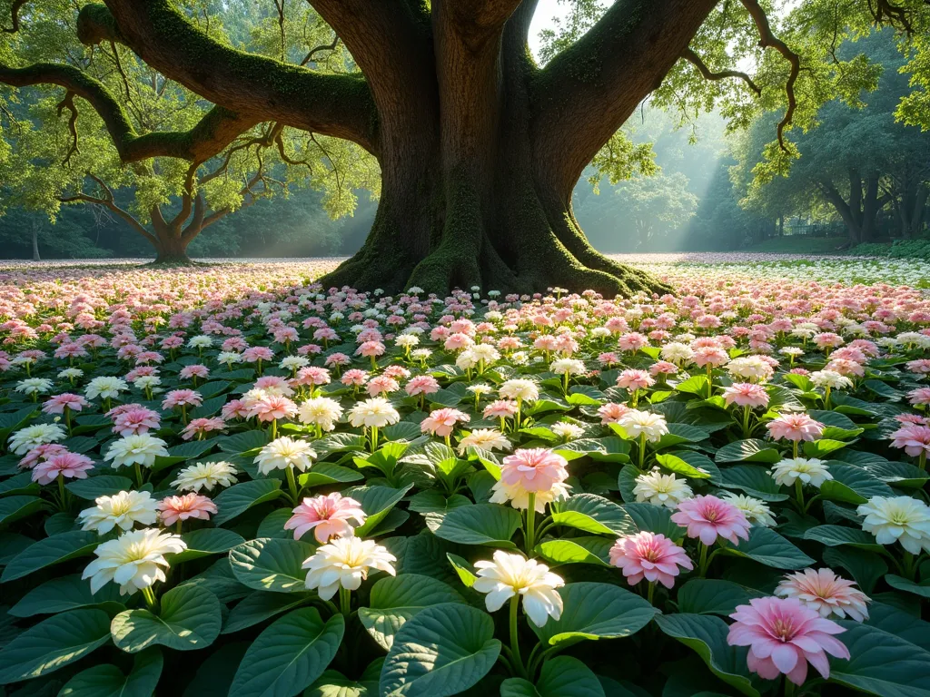 Caladium Under-Tree Paradise - A lush, naturalistic garden scene beneath a majestic oak tree, where a dense carpet of multicolored caladiums creates a stunning tapestry effect. The caladiums feature varying shades of pink, white, and green, with both large and small-leafed varieties creating intricate patterns. Dappled sunlight filters through the tree canopy, highlighting the luminescent qualities of the caladium leaves. The scene is photographed from a low angle to emphasize the dense planting and seamless coverage, with the tree trunk rising dramatically in the background. The caladiums appear to glow in the filtered light, their leaves overlapping to create a rich, textural groundcover. Photorealistic, soft natural lighting, high detail, professional garden photography style.