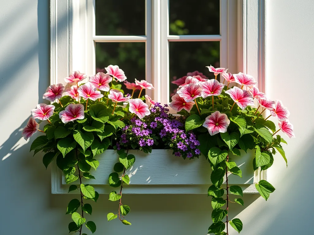 Elegant Window Box with Pink Caladiums - A charming window box photographed from below, featuring lush pink and white caladium leaves dramatically spilling over antique white wooden window box planters. English ivy and purple vinca vine cascade elegantly down the sides, creating flowing green waterfalls against a classic white-painted wall. Sunlight filters through the semi-transparent caladium leaves, creating a magical glow. Architectural window frame visible above, photorealistic style, soft morning light, 16:9 ratio.