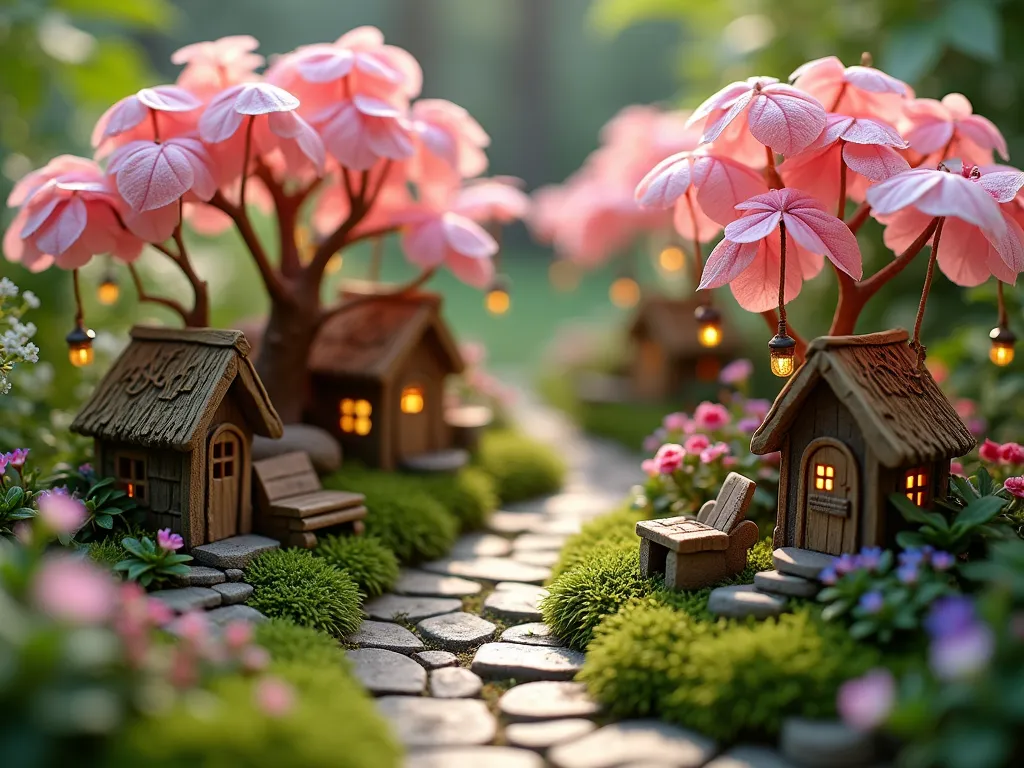 Enchanted Caladium Fairy Garden - A magical miniature garden scene captured in soft natural lighting, featuring delicate pink and white dwarf caladium leaves creating a canopy of natural umbrellas. Tiny cobblestone paths wind through the garden, adorned with miniature rustic wooden benches and fairy houses with thatched roofs. Small flowering plants like miniature violets and baby's breath dot the landscape. Tiny glowing lanterns hang from the caladium stems, while delicate moss covers the ground. The scene is photographed from a low angle to emphasize the fairy-scale perspective, with a dreamy, ethereal atmosphere and subtle morning mist, photorealistic style