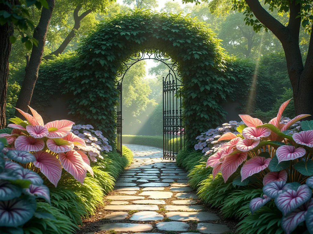 Enchanted Caladium Garden Entrance - A mystical garden entrance archway, dappled in soft natural light filtering through tree canopy. Tall, dramatic white-veined caladium plants with pink and green leaves create a luminous border pathway, interspersed with delicate ferns and blue-green hostas. Stone pathway leads through an ornate wrought iron gate covered in climbing vines. The caladiums' white veins seem to glow, creating an ethereal, inviting atmosphere. Photorealistic, magical atmosphere, cinematic lighting, high detail, 4K quality.