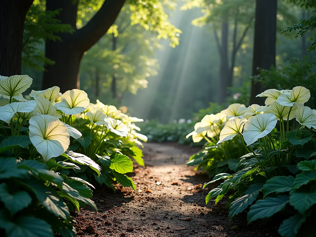 Enchanted Woodland Caladium Border - A serene woodland garden path with dappled sunlight filtering through trees, featuring graceful curved drifts of white-veined caladiums glowing ethereally against dark soil. Japanese painted ferns and blue-green hostas create elegant layers beside the meandering pathway. The scene captures morning light, with subtle mist adding atmosphere, highlighting the luminous quality of the caladium leaves. Photography style is moody and atmospheric, with soft natural lighting emphasizing texture and form. Ultra-detailed botanical composition, f/2.8, shallow depth of field.