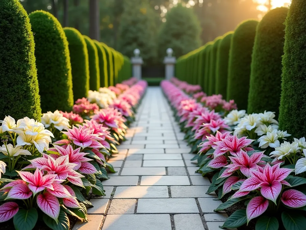 Formal Caladium Border Garden - A symmetrical formal garden path bordered by manicured boxwood hedges, featuring elegant rows of pink and white caladiums planted in a geometric pattern. The caladiums display varying patterns but share similar color schemes, creating a sophisticated and harmonious design. Captured during golden hour with soft lighting highlighting the leaves' delicate veining. Classic stone pavers and carefully maintained edges emphasize the formal garden style.