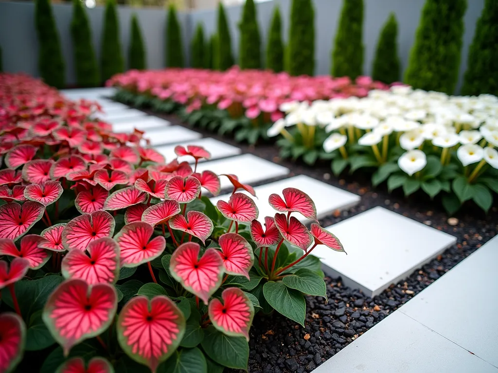 Geometric Caladium Color Block Garden - A modern geometric garden design featuring precise rectangular blocks of caladium plants arranged in a minimalist pattern. In the foreground, a bold block of deep red Florida Cardinal caladiums transitions to a section of soft pink Pink Symphony caladiums, followed by pristine white Aaron caladiums in the background. The leaves are photographed from a slight elevated angle, showing their distinct colors and patterns in clean, contemporary lines. Soft natural lighting enhances the sophisticated color transitions, with each variety's unique leaf patterns clearly visible. The design creates a striking color-block effect against dark mulch pathways that separate each section, photographed in high resolution with sharp detail.