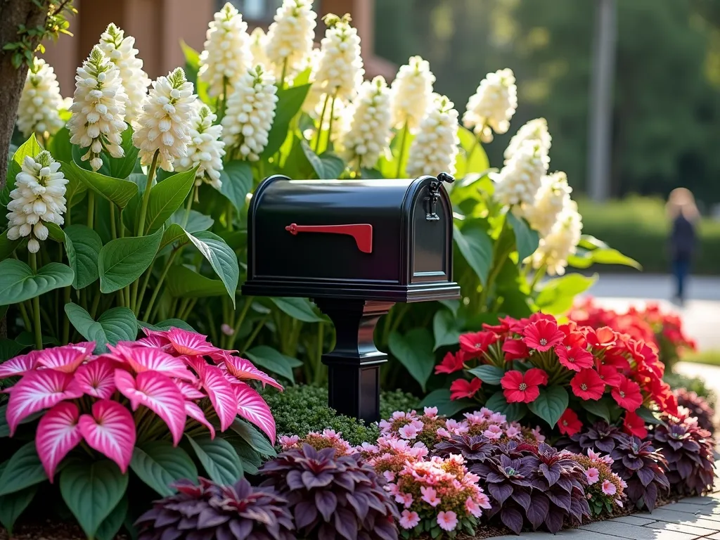 Elegant Mailbox Caladium Garden - Photorealistic garden scene featuring a classic black mailbox surrounded by lush, vibrant caladiums in shades of pink, white, and red. Taller, dramatic White Queen caladiums creating a backdrop behind the mailbox, with shorter Fantasy varieties cascading in front. Deep purple coleus and soft pink impatiens weaving through the display. Morning sunlight filtering through the leaves, creating a magical glow. Professional landscape photography style, crisp details, shallow depth of field.