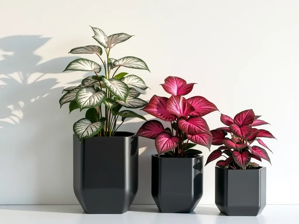 Modern Caladium Container Collection - A stunning arrangement of three minimalist, matte black and white ceramic containers of varying heights (24", 18", and 12") against a clean white wall. Each pot showcases different caladium varieties in monochromatic color schemes - one with pure white Caladium 'Aaron', another with deep pink Caladium 'Carolyn Whorton', and the third with crimson Caladium 'Red Flash'. The geometric containers are arranged in an asymmetrical composition, casting dramatic shadows. The caladium leaves appear crisp and architectural, with their distinctive veining patterns creating a sophisticated, gallery-like aesthetic. Soft, diffused natural lighting highlights the leaves' textures. Photorealistic, high-end garden photography style.