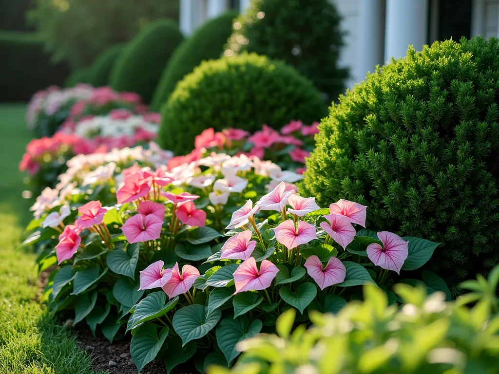 Modern Foundation Planting with Caladiums - A residential garden foundation planting featuring a harmonious blend of deep green boxwood shrubs and vibrant pink and white caladiums. The caladiums' heart-shaped leaves create a striking contrast against the structured evergreens, photographed in soft morning light. The elegant composition shows the caladiums filling the spaces between shrubs, their leaves catching sunlight and creating depth. Architectural photography style, showing the clean lines of the house foundation with professional landscaping, f/8, high detail, 4k