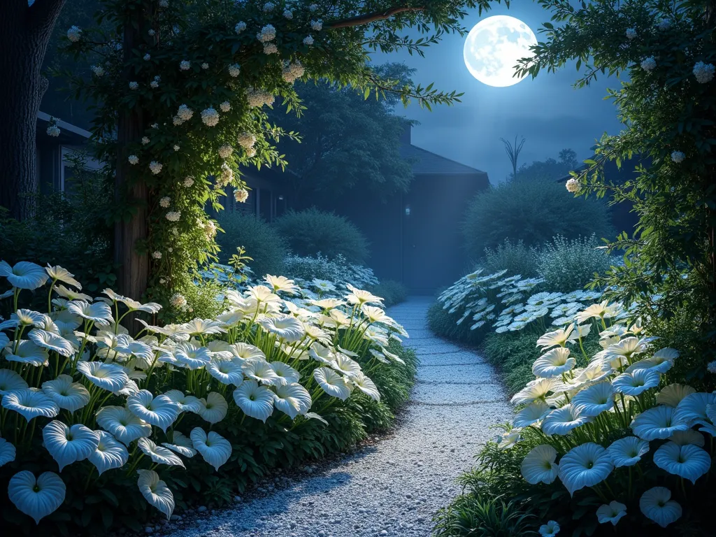 Ethereal Moonlit Caladium Garden - A dreamy nighttime garden scene with luminous white and silver Caladium 'Aaron' and 'White Christmas' varieties glowing under moonlight, their leaves appearing to shimmer with an ethereal quality. White flowering nicotiana and light-reflecting Japanese painted ferns create layers of silver and white. Soft moonbeams filter through overhead branches, creating gentle shadows and highlighting the pearlescent quality of the foliage. The garden path is lined with crushed white shells that reflect moonlight, while white flowering moonflowers climb nearby structures. Atmospheric mist hovers near the ground, enhancing the magical nighttime ambiance.