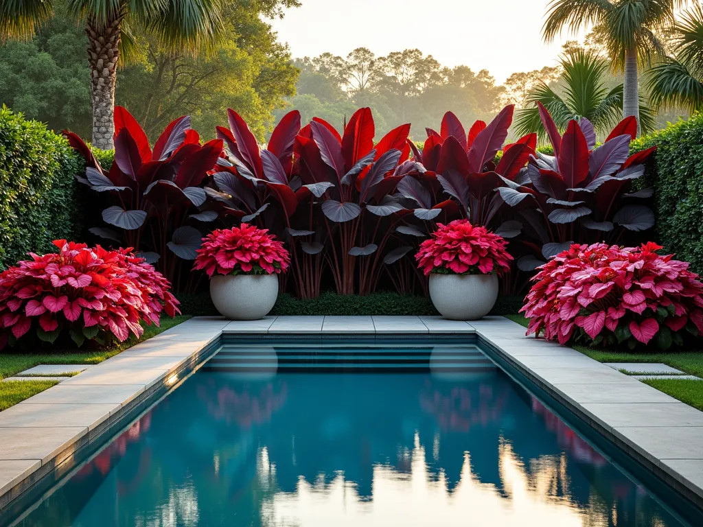 Luxurious Poolside Caladium Display - A stunning photographic view of a luxurious swimming pool surrounded by large, modern containers filled with vibrant caladiums in deep reds and bright pinks. Tall, dramatic canna lilies with burgundy leaves rise behind the caladiums, while giant elephant ears create a lush backdrop. The pool's serene blue water reflects the rich foliage colors, creating a mirror effect. Strategic lighting highlights the tropical plants. The scene is set during golden hour, with natural shadows playing across the elegant pool deck. High-end landscaping style with professional composition, f/8, soft natural lighting.