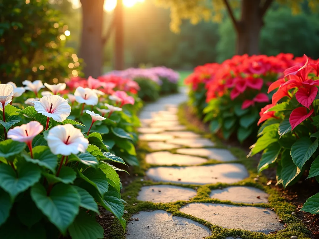 Rainbow Caladium Path Border - Professional landscape photography of a gently curving garden path bordered by lush caladiums, shot at golden hour. In the foreground, shorter white 'Aaron' caladiums create the first row, followed by pink 'Carolyn Whorton' in the middle, and tall red 'Frieda Hemple' caladiums in the back, creating a graduated rainbow effect. The heart-shaped leaves catch dappled sunlight, their vibrant colors intensified. The path is made of natural stone pavers with moss growing between them, leading into a softly blurred garden background. Photorealistic, high detail, 4K, featuring dramatic lighting and rich, saturated colors.