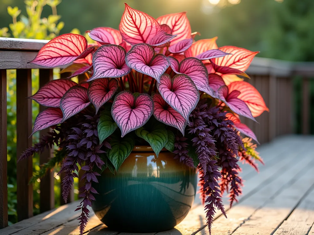 Luxuriant Tropical Caladium Container Garden - Photorealistic close-up of a large glazed ceramic container garden on a wooden deck, featuring stunning pink and red caladium leaves as the focal point, reaching upward with dramatic presence. Cascading purple and burgundy coleus spills over the container edges, while chartreuse sweet potato vine elegantly trails down. Feathery purple fountain grass sways gracefully in between. Shot during golden hour with soft natural lighting highlighting the variegated patterns of the caladium leaves. The composition creates a lush, tropical atmosphere with rich textures and vibrant color contrasts.